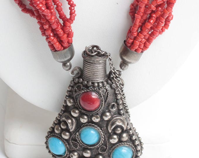 Boho Tribal Perfume Pendant Necklace Coral and Turquoise Glass Beads