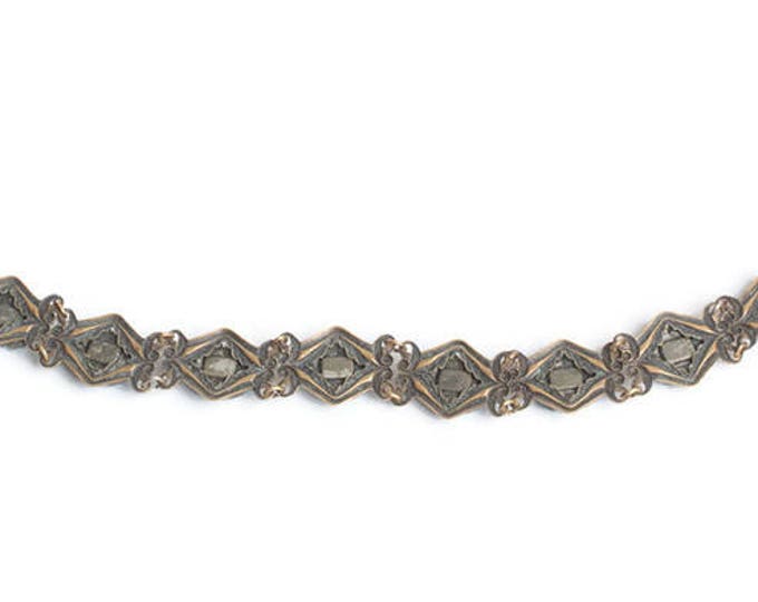 Turquoise Bead and Rhinestone Link Bracelet Filigree Repousse Design Vintage