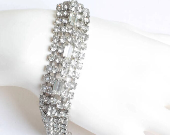 Wide Rhinestone Crystal Bracelet Baguettes Chatons Vintage