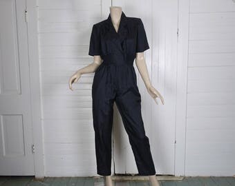 80s Black Jumpsuit in Swishy Fabric- 1980s Punk / Office / New Wave- Small- Short Sleeve