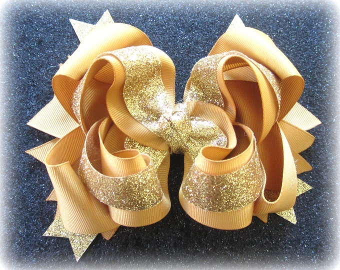 Gold Hair Bow, Glitter Hairbows, Large 6 Inch Bow, Boutique Hairbow, Triple Layered Bow, Texas Sized Bows, Glitter Hairbow, Pageant Bows,