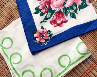 Vintage Hankie Duo:  Bright Blues, Pretty Pinks and Glorious Greens