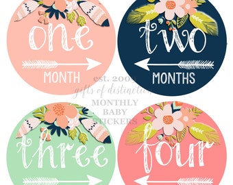 BABY GIRL Month Photo Prop / Tribal Baby Girl Monthly Stickers, Baby Month Stickers, Floral, Feathers, Arrow Sticker, Tribal Nursery Decor