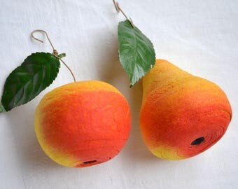 Vintage Spun Cotton Pear and Apple - Vintage German Christmas Ornaments - 2