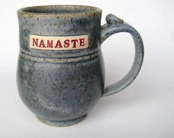 NAMASTE coffee / tea mug in rustic speckled blue, In STOCK