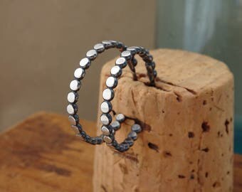 Oxidized Sterling Silver Hoop Earrings--Hammered Bead--Dotted--Handcrafted--Dark Finish--Rustic Sparkle