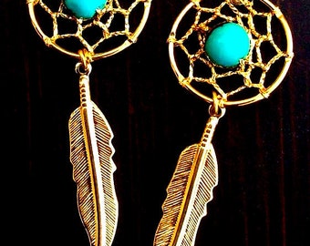 3" Long Gold & Turquoise Dream catcher earrings, gold feather earrings, dreamcatcher earrings, gold dream catcher earrings
