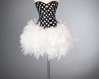 Size Small Black and White Polka Dot Burlesque Feather Corset Dress READY TO SHIP