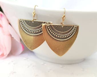 Antique Gold Art Deco Earrings, Statement Earrings, Gold Earrings, Geometric Earrings, Ethnic Earrings, Boho Earrings, Plated or Gold Filled