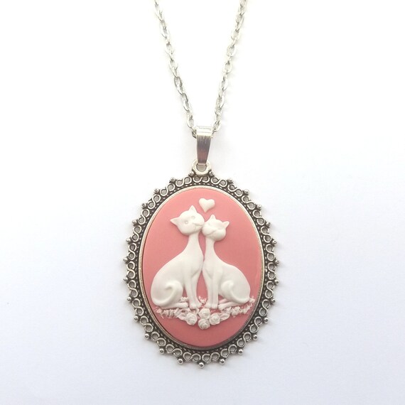 Love Cats Necklace Pink Cat Necklace Cat Cameo Necklace
