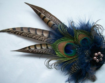 Navy Blue & Mink Nude Brown Rustic Pheasant and Peacock Feather Steampunk Wedding Fascinator Percher Hat - Made to Order