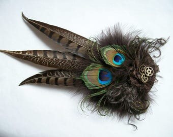 Shades of Chocolate Brown Rustic Pheasant and Peacock Feather Bronze Cogs - Steampunk Wedding Fascinator Percher Hat - Made to Order