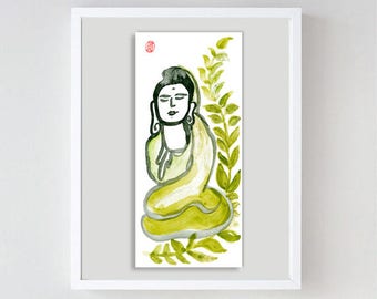 Zen Goddess Buddha Painting, Kanzeon, Kannon, Kwan Yin, Mother, Zen Art, sumi ink Painting, zen decor, japan illustration, yoga taoist art