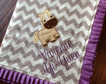 Personalized Baby Blanket- Horse Baby Blanket- Chevron Blanket- Minky Baby Blanket-Nursery Blanket