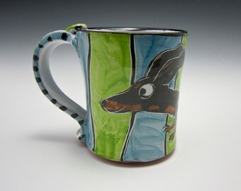 Ceramic Coffee Mug - Black and Tan Dachshund Wiener Dog - Green Blue - Majolica Mug - 14 ounces oz - Pottery Tea Cup - Pet Dog Mug - Cup