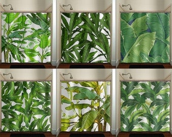 Tropical Jungle Green Palm Banana Leaf Shower Curtain bathroom decor fabric kids bath window curtains panels valance bathmat