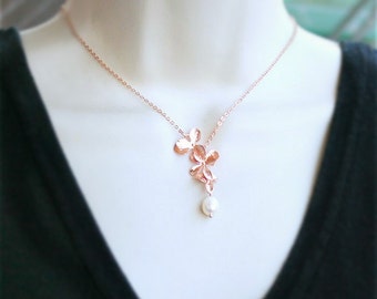Orchid necklace, Rose gold orchid necklace, Orchid with freshwater pearl, Wedding jewelry, Bridesmaids necklace, Orchid jewelry