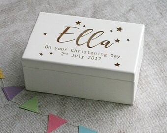 Personalised Stars Music Box | Wind Up | Laser Engraved | New Baby Gift Or Christening Gift | White Painted Finish | Brahms Lullaby |