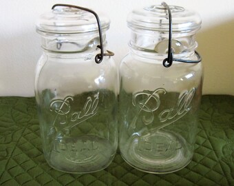 2 Vintage "Ball Ideal" Quart Sized Glass Canning Jars, Glass Lids and Wire Bale Locking System Circa 1930's Lot AA