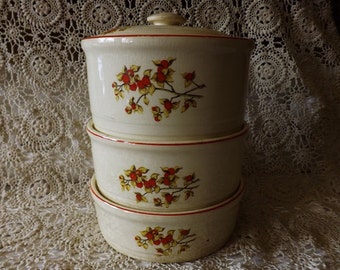 Vintage Stacking Casserole Set by Universal Bittersweet Pattern 4 Pc Set Orange Berries Trim 1940s Meal Carrier Casserole Dishes Kitchenware