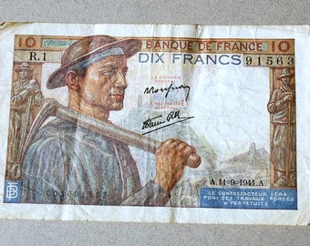 Vintage French banknote Ten franc banknote 1941 Banc de France Bank of France French paper money Dix franc Photography Prop Collage Work