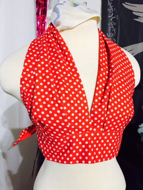 Vintage Sexy Cherry Red White Polka Dot Halter Top Pin Up Style Rockabilly Top Ties in Back Mary Ann Marilyn Size 34 C Small Medium Bikini