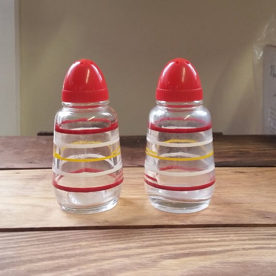 Vintage Hazel Atlas Salt & Pepper Shakers Red, White, Yellow Striped w Red Caps 50's 60's Mid Century Kitchen Decor Collectible Picnic