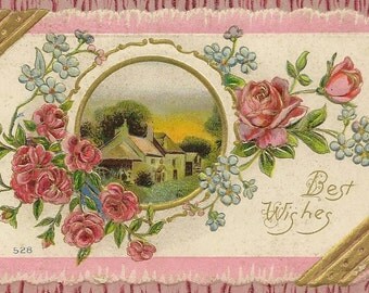 Vintage Best Wishes Postcard Faux Bois Pink Roses Forget-me-Nots and Country Cottage – Elegant Embossed Design
