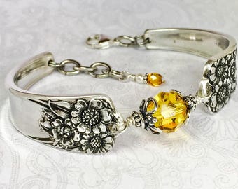 Sunflower Spoon Bracelet, Yellow Swarovski Crystal, Spoon Jewelry - 'April' 1950