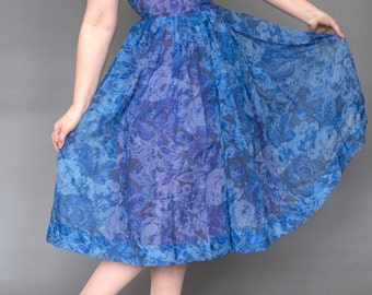 Blue floral 50s chiffon party dress small S