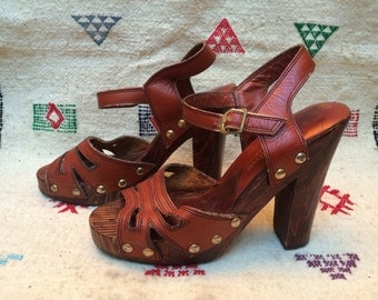 70s leather platforms, studs with wood heels, 6.5 7
