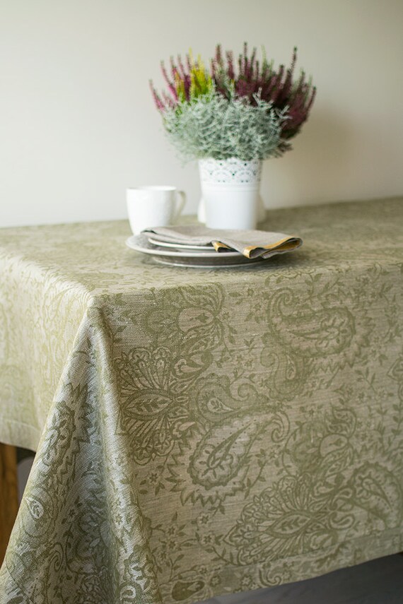Linen Tablecloth Natural With Olive Green Tablecloth With
