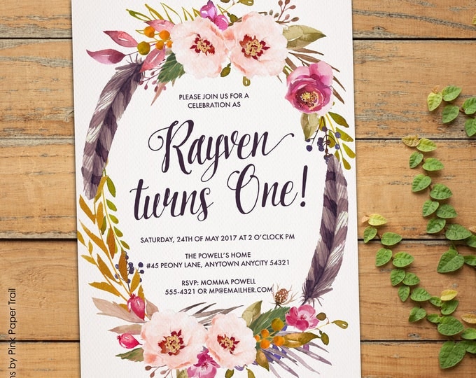 Boho First Birthday Party Invitation, Rustic Bohemian Spring Summer Feathers Wreath Boho Chic Printable Birthday Invitation