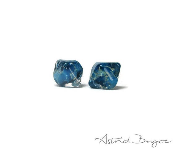 Tiny Blue Jewels Artisan lampwork bead pair - Small 10mm handcrafted beads in a crystal shape - Italian fine silver inclusions under glass