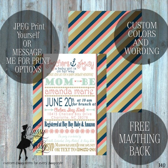Anchor Baby Shower Inviation, Nautical Baby Shower Invitation, Coral and navy theme Baby Shower Invitation, It's A Baby Shower Invite, 140