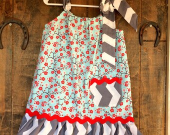 Cherry Blossoms - Red flowers on aqua blue with grey and white chevron - Girls ruffle Pillowcase dress Sizes 18M to 10 Years