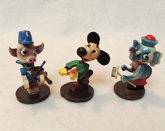 3 Vintage Wooden Hand Painted Spring Bobble Head Nodders.. Pig, Mouse & Elephant