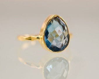 SALE - London Blue Topaz Ring Gold - December Birthstone Ring - Gemstone Ring - Stackable Ring - Gold Ring - Tear Drop Ring