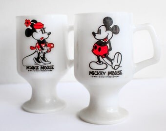 Vintage Mickey and Minnie Mugs, Vintage Mickey Mouse, Vintage Minnie Mouse, Vintage Disney, Ceramic Pedestal Coffee Mug, Mickey Milkglass