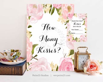 How Many Kisses, Wedding shower game, bridal shower game, INSTANT DOWNLOAD, printable game, soft pink roses