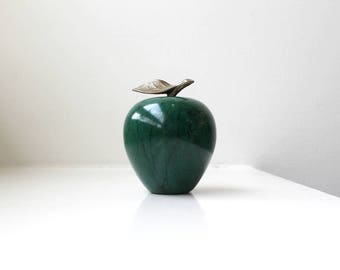 Vintage Green Marble Apple Objet Paperweight Figurine Brass Leaf