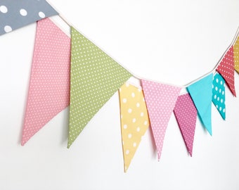 Polka Dot Bunting, Garland, Fabric Banners, Pink, Green, Blue, Yellow, Orange, Red - 3 yards