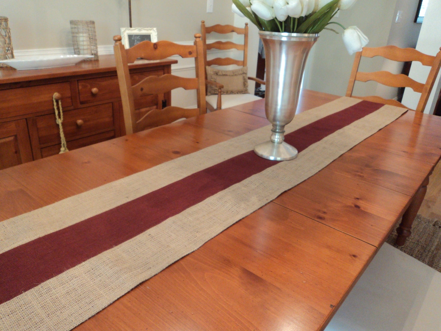 Burgundy and Natural Burlap Table Runner Holiday Table Runner