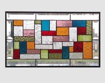 Multi color earth tone stained glass window panel geometric abstract stained glass panel window hanging home decor 0228 19 1/2 x 11 1/2