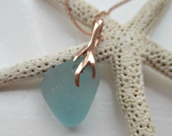 Aqua Sea Glass Rose Gold Vermeil Necklace