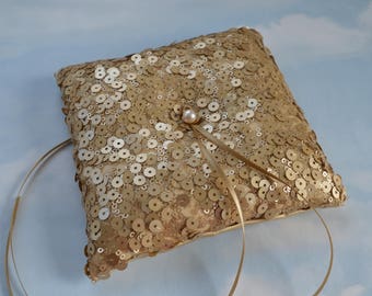 Gold sequin ring bearer pillow. Wedding ring cushion.