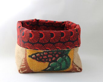 Upcycled Coffee Sack and African Wax Print Slouch Storage Basket Large