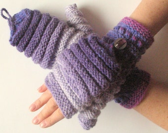 Mittens Fingerless Gloves Convertible Mittens Purple Gray Arm Warmers Knit Soft