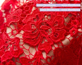 Red lace fabric | Etsy
