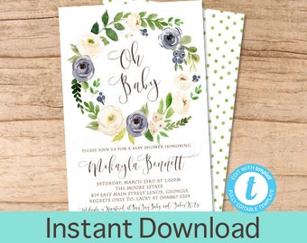 Baby Boy Shower Invitation, Blue floral, Watercolor, Wreath Baby Shower invitation, Floral Invitation, Oh Baby, EDITABLE Instant Download
